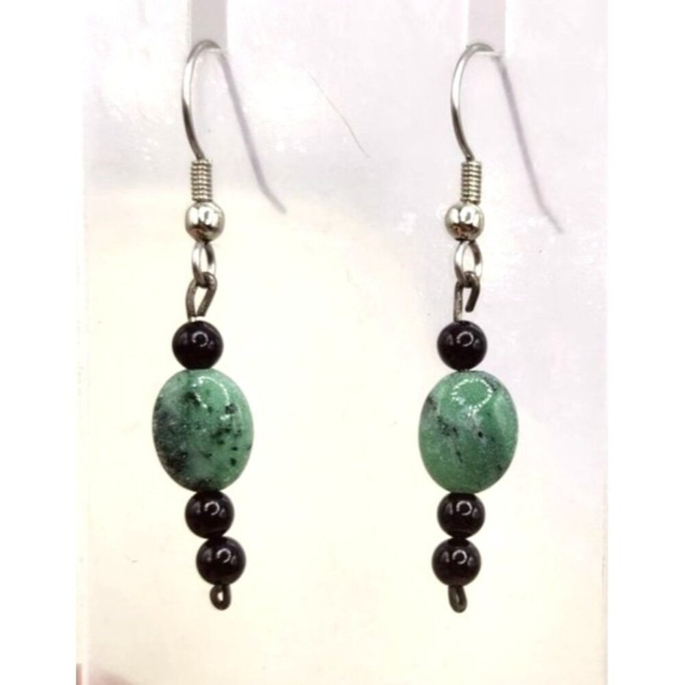 Handmade Green & Black Beaded Dangle Earrings With Silver Hooks